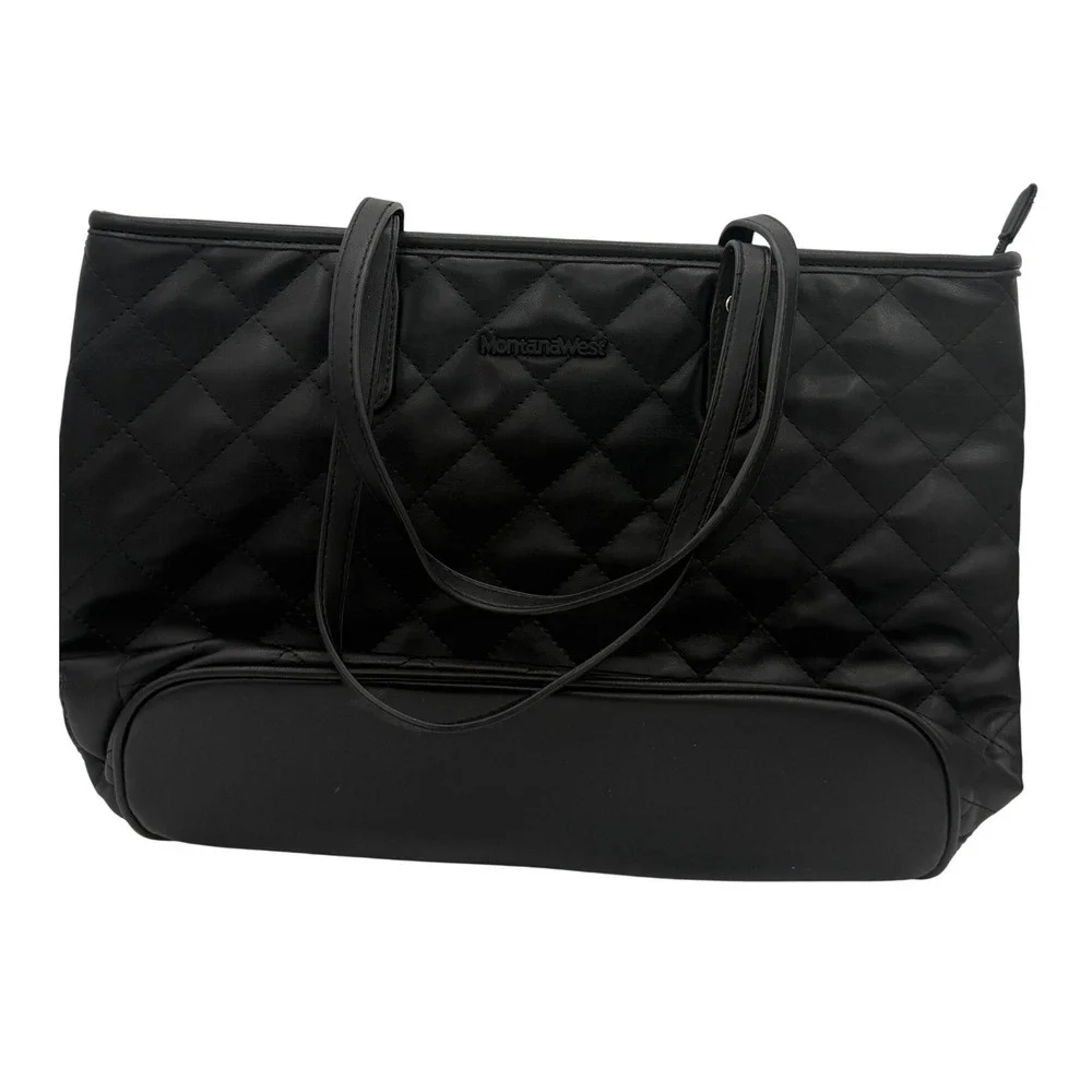 Montana West Black Quilted Tote Bag Signature Logo Brown Lining Zip Purse